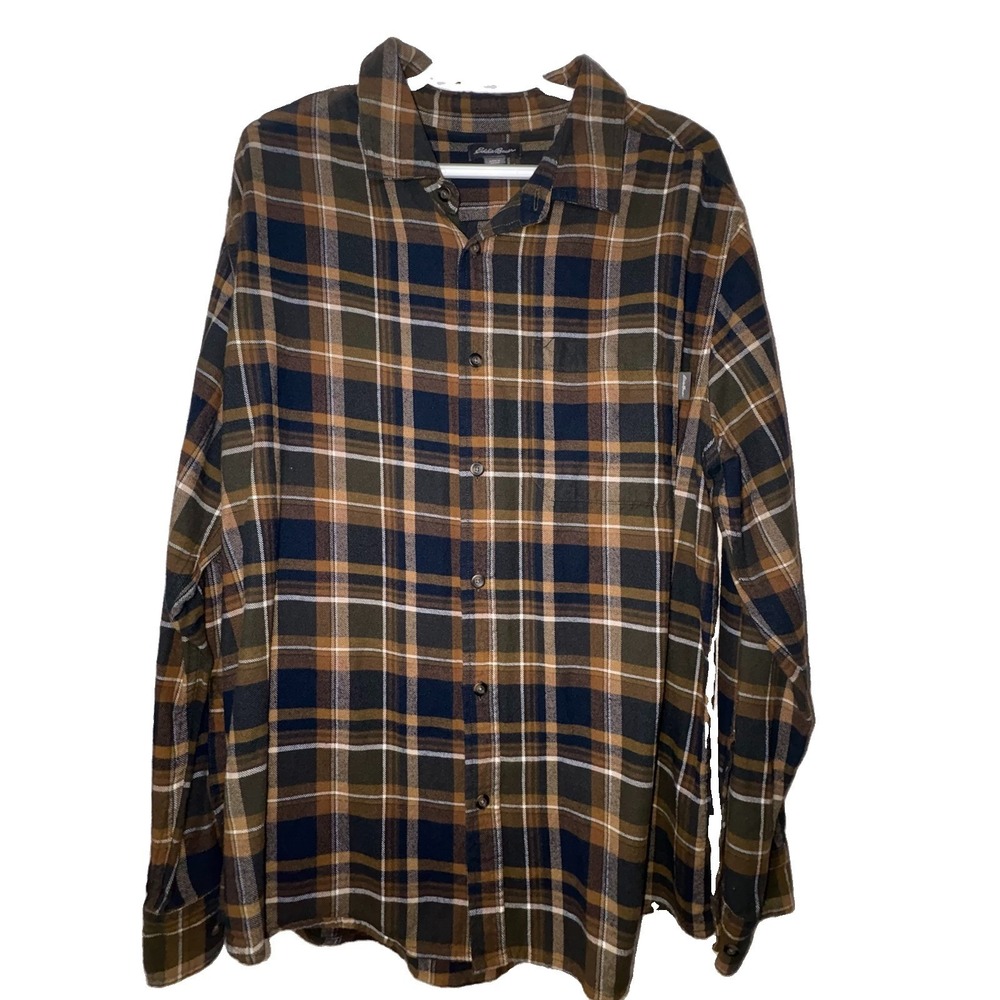 Eddie Bauer brown, navy, and white plaid flannel shirt in XL